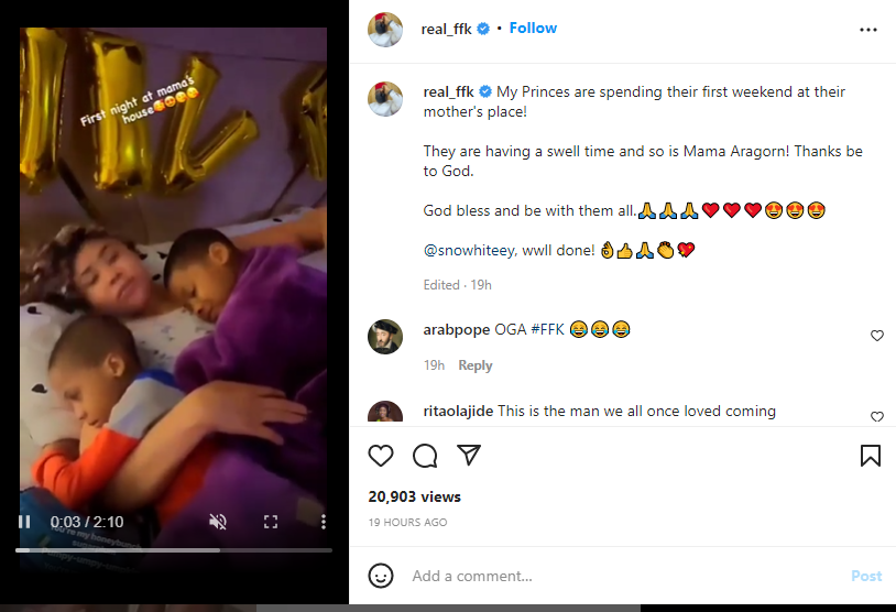 An image of FFK sharing a video of his ex-wife and kids on Instagram