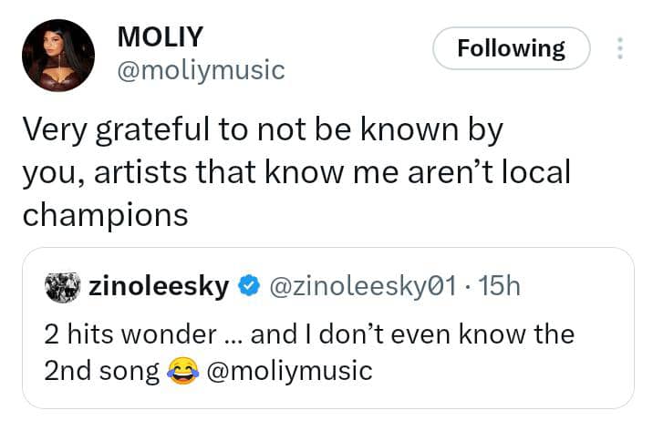 Moliy Fires Back at Zinoleesky - Very Grateful Not to Be Known by Local Champions