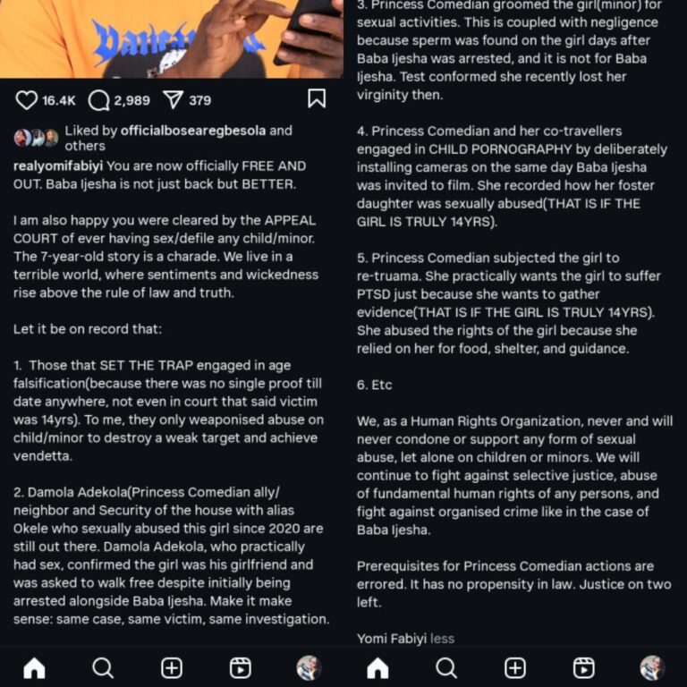 Yomi Fabiyi Breaks Silence as Baba Ijesha Regains Freedom, Accuses Princess of Cover-Ups 