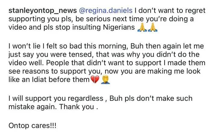 I Feel Betrayed - Filmmaker StanleyOntop Calls Out Regina Daniels To Delete Her Recent Video
