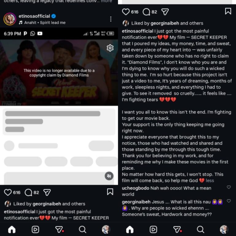 Etinosa Idemudia Cries Out as Her New Film ‘Secret Keeper’ Gets Taken Off YouTube Over Copyright Claim