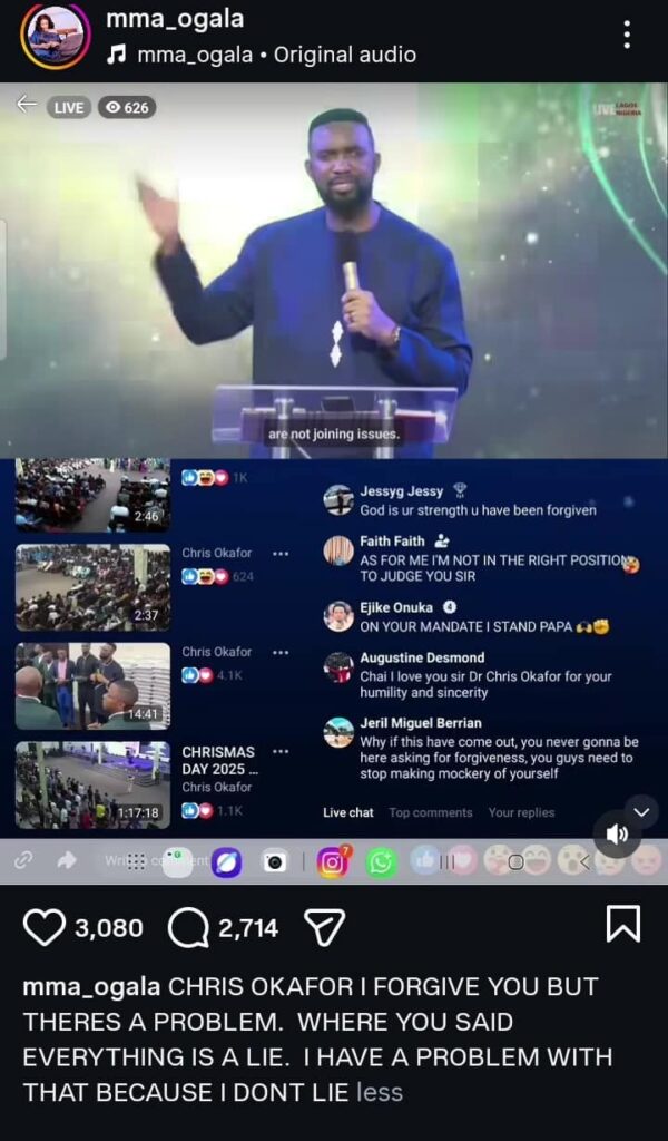 Doris Ogala Reacts to Pastor Chris Okafor Apology