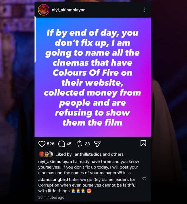 Niyi Akinmolayan Calls Out Cinemas Over ‘Colours of Fire’