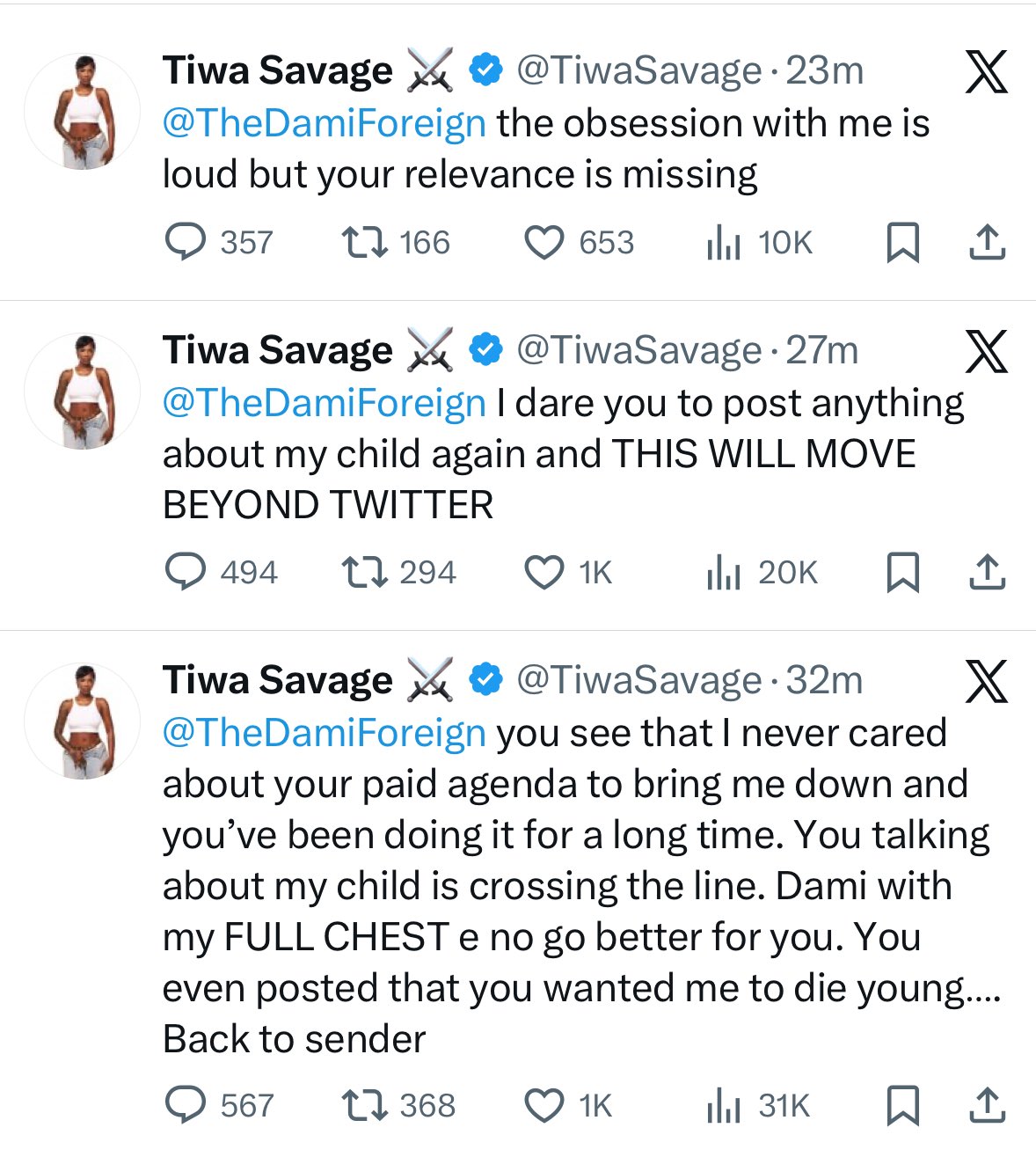 Tiwa Savage Warns Influencer Over Son Comment 