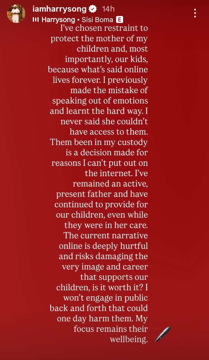 Harrysong Responds to Ex-Wife Amid Custody Drama