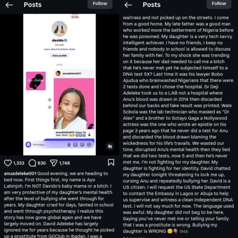 Anu Adeleke’s Mother Accuses Davido, Shares DMs