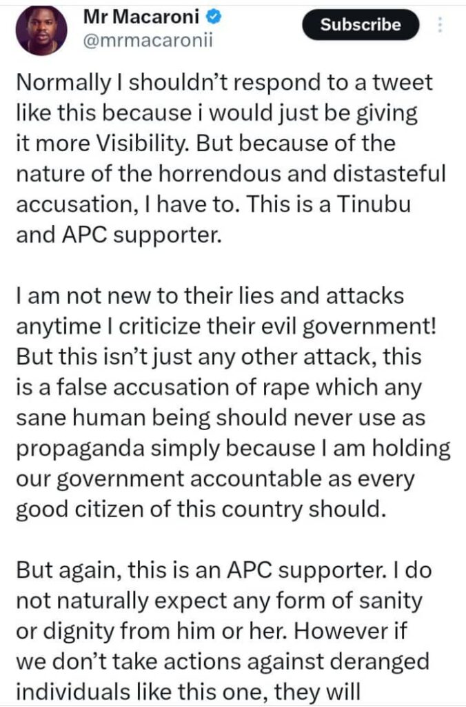 This Is Political Propaganda — Mr Macaroni Responds to Rape Accusation After Slamming Tinubu Govt
