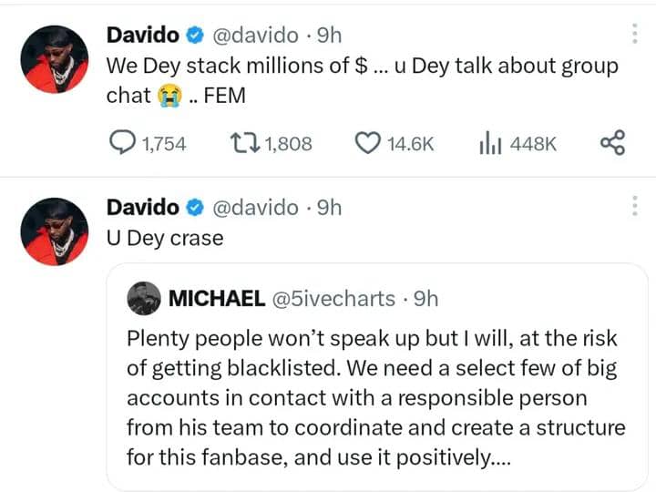 U Dey Crase — Davido Blasts Fan Who Suggested Creating Structure for 30BG Fanbase