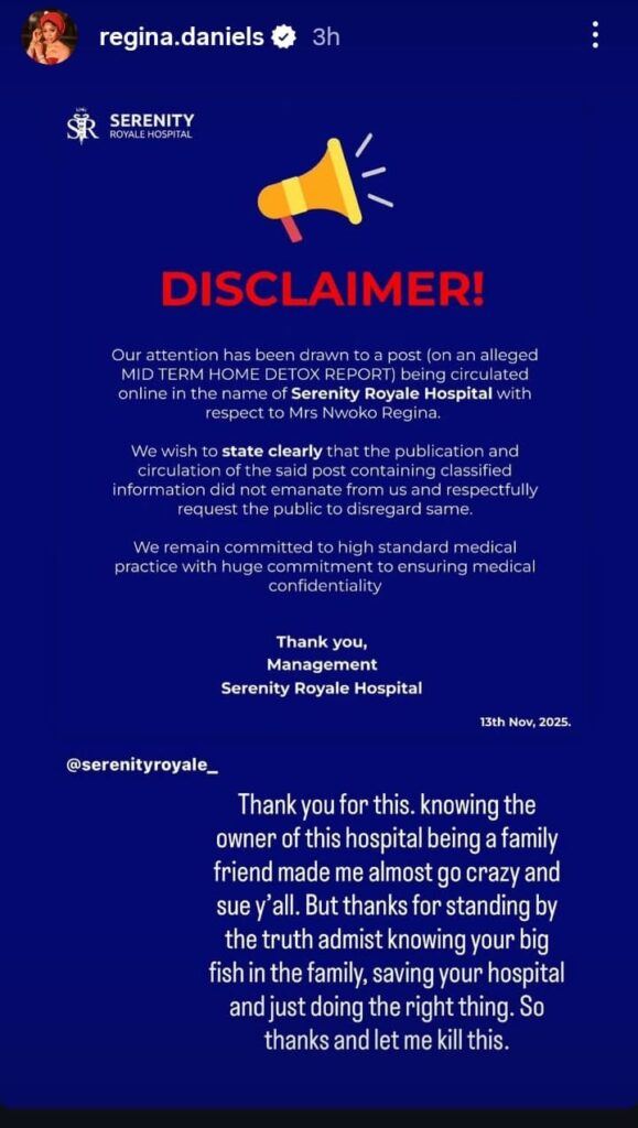 Regina Daniels Reacts to Serenity Royale Hospital’s Disclaimer on Her Alleged Medical Report