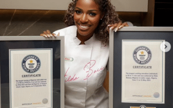Twice As Golden: Hilda Baci Bags Second Guinness World Record Plaque for Cooking World’s Largest Jollof Rice Pot