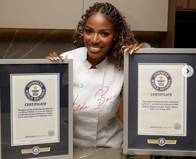 Twice As Golden: Hilda Baci Bags Second Guinness World Record Plaque for Cooking World’s Largest Jollof Rice Pot