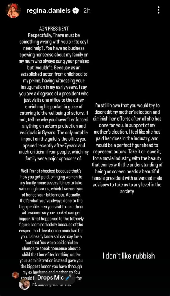 You Were Paid Chicken Change to Attack Me — Regina Daniels Blasts AGN President For Saying She Needs Help