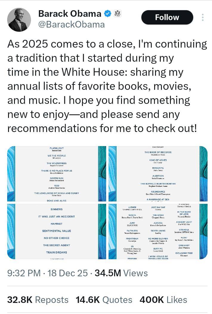 Nigerian Stars Dominate Obama’s Favourite Songs 2025