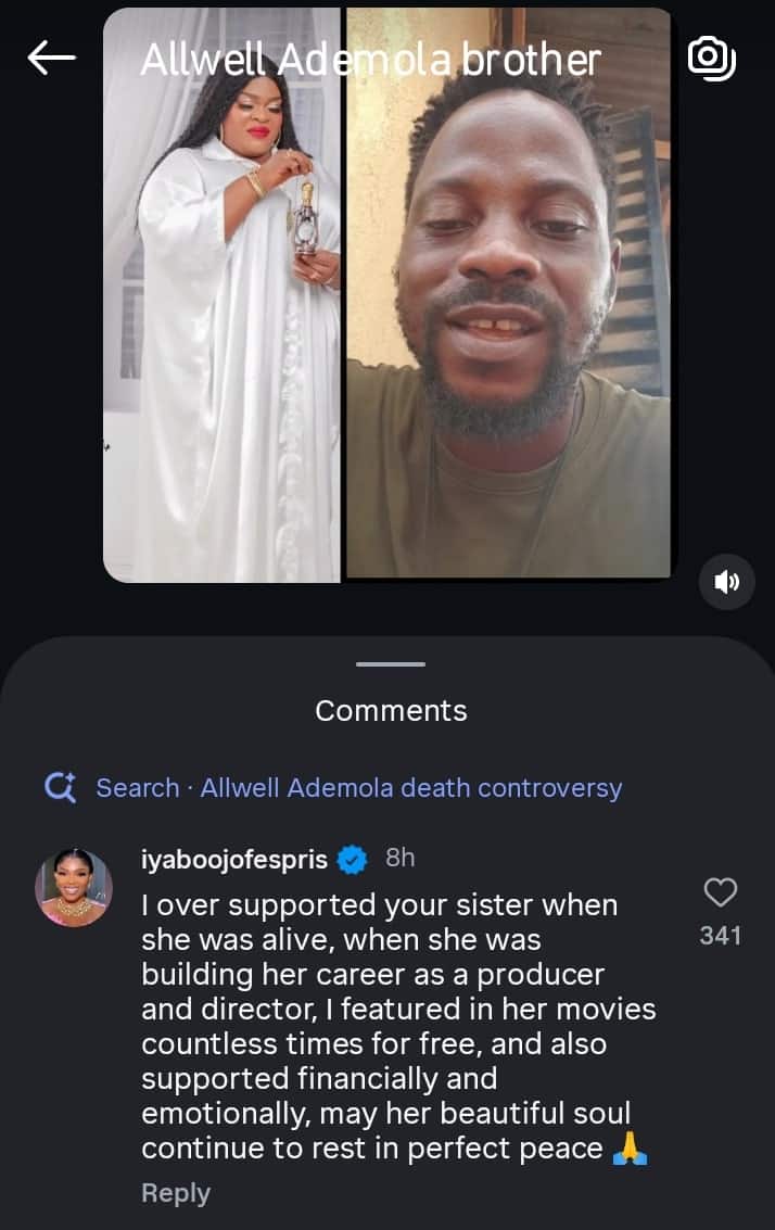 Iyabo Ojo Reacts to Allwell Ademola Brother’s Claims