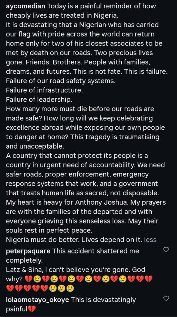 AY Slams Government After Anthony Joshua Accident