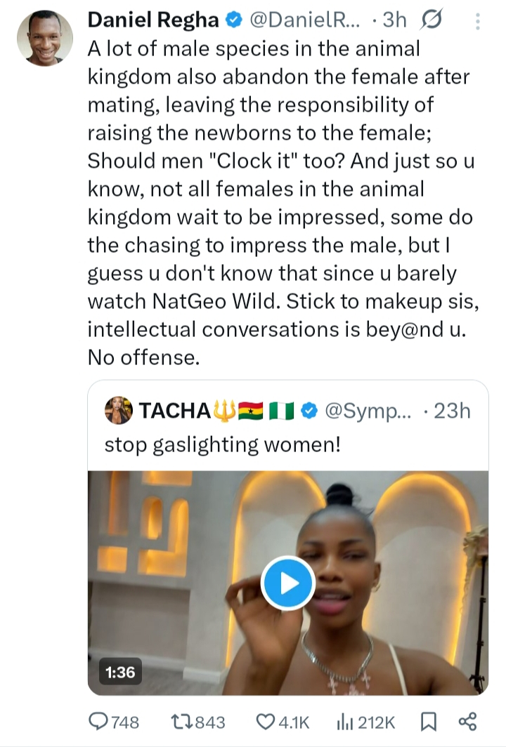 Stick To Your Makeup — Daniel Regha Blasts Tacha Over First-Date Bill Debate