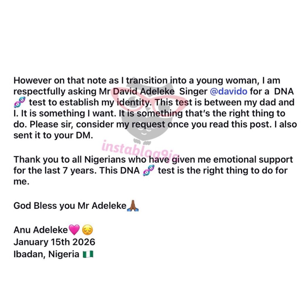 Anu Adeleke Requests DNA Test From Davido