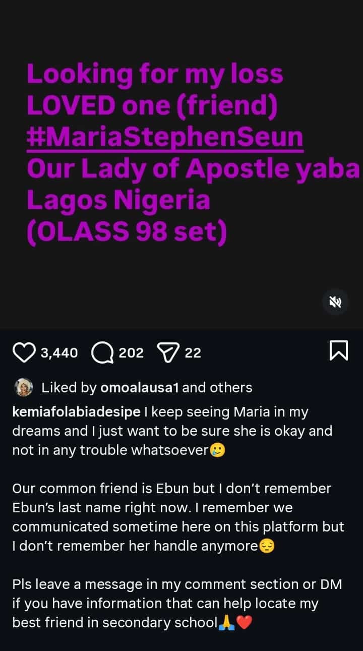 Kemi Afolabi Seeks Help Finding Lost School Friend