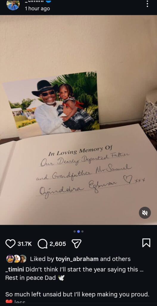 Timini Egbuson Loses Father, Shares Emotional Tribute