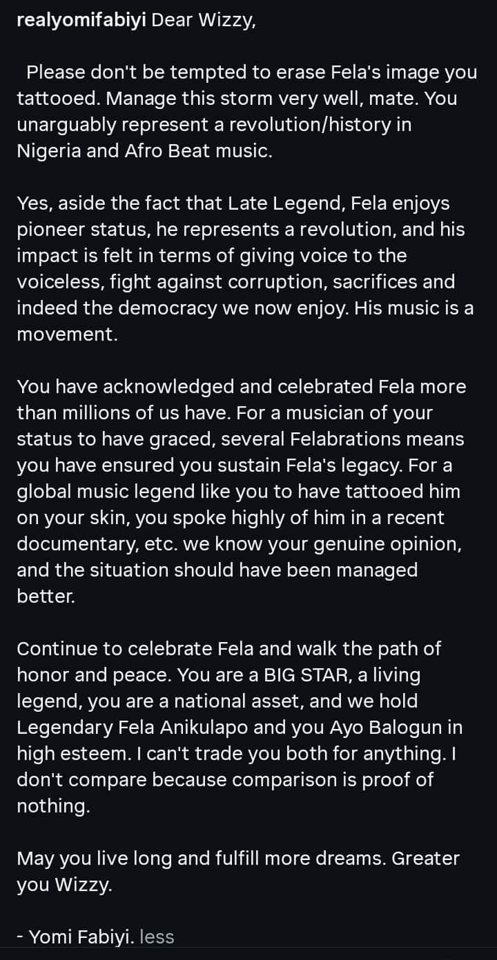 Don’t Erase Fela Tattoo – Yomi Fabiyi Advises Wizkid