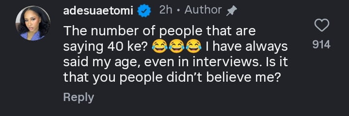 Adesua Etomi Reacts As Fans Question Her New Age