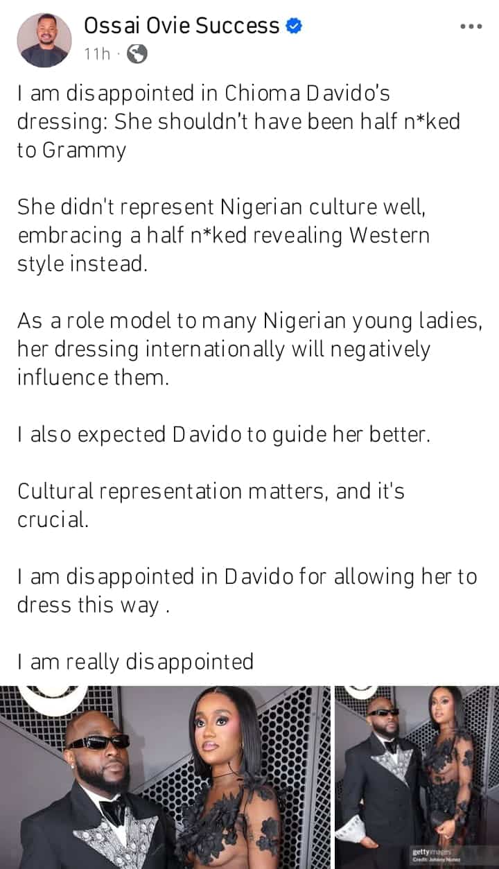 Governor’s Aide Ossai Criticizes Chioma Adeleke’s Grammy Outfit