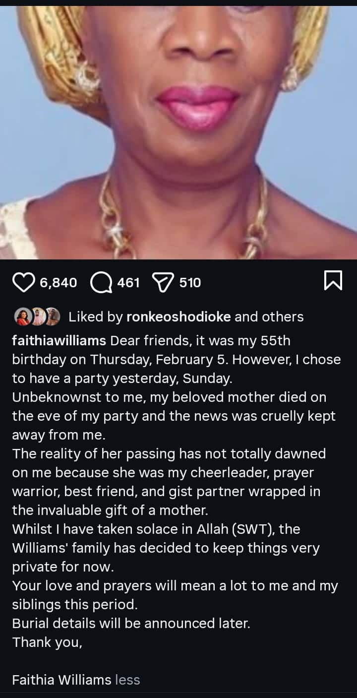 Faithia Williams Loses Mother On Her 55th Birthday Eve