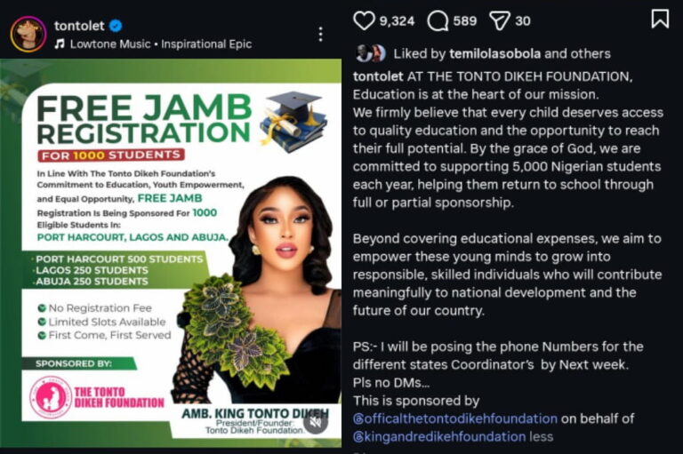 Tonto Dikeh Sponsors 1000 Students JAMB Registration